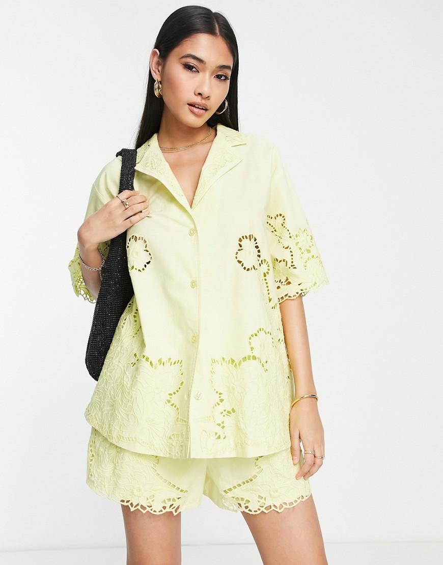 ASOS EDITION embroidered boxy short sleeve shirt in yellow
