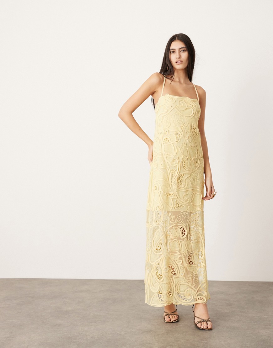 embroidered cut work cami column maxi dress in yellow