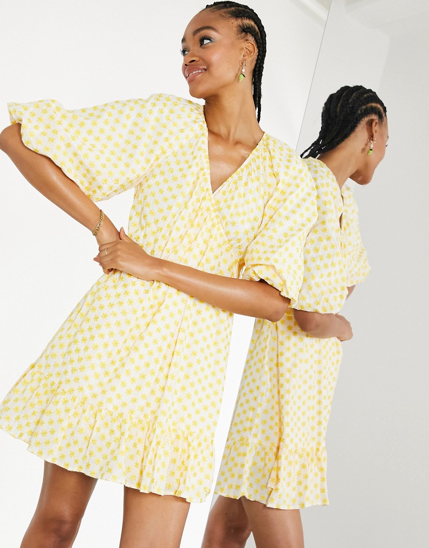 ASOS EDITION embroidered daisy cotton wrap mini dress in ivory and yellow