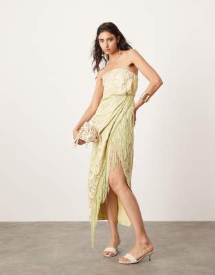 ASOS EDITION embroidered drape bandeau midi dress with fringe in olive-Green φωτογραφία