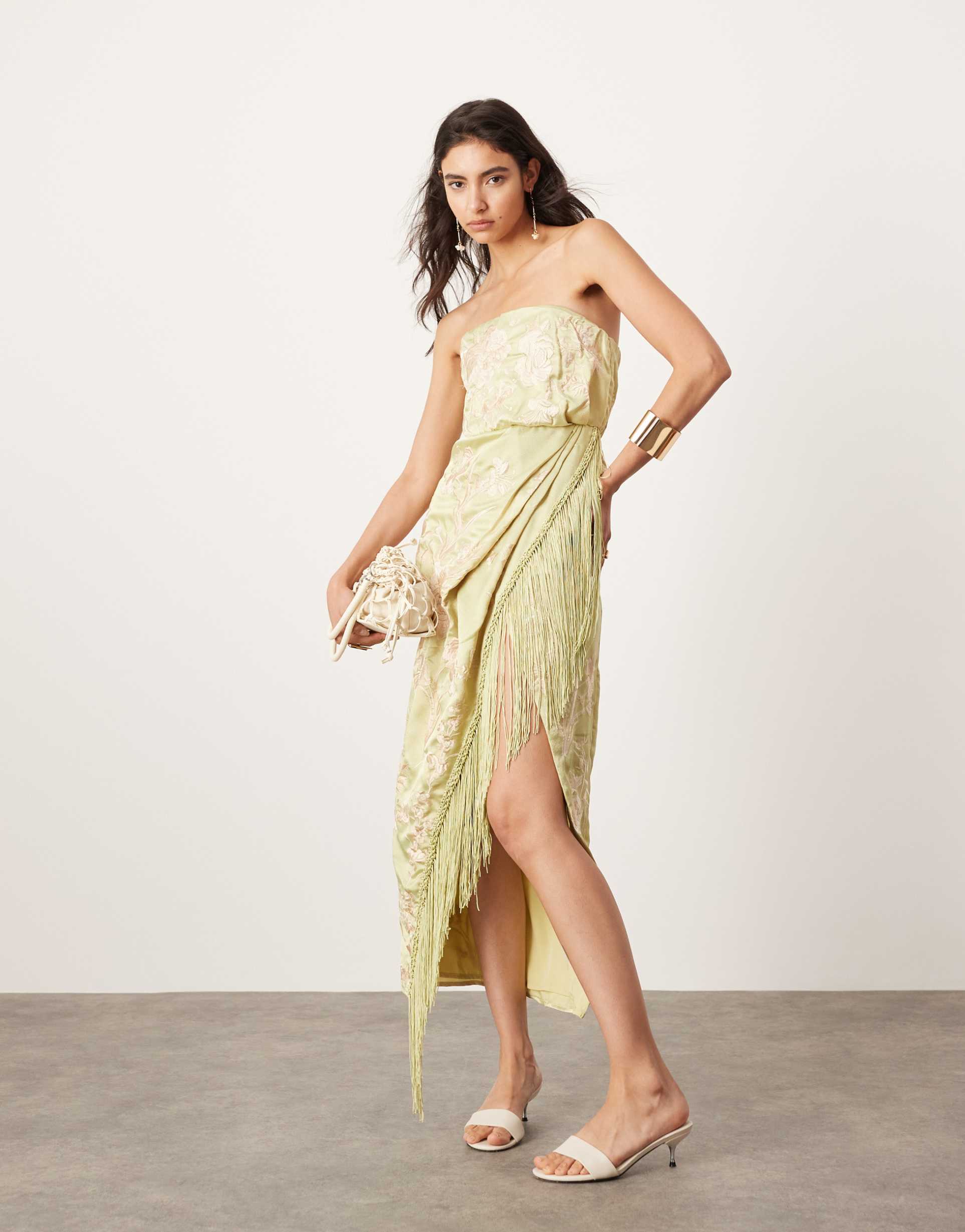 asos edition embroidered drape bandeau midi dress with fringe in olive