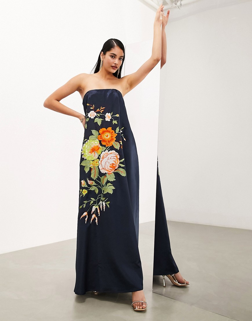 Asos Design Embroidered Floral Clean Bandeau Maxi Dress In Charcoal-gray