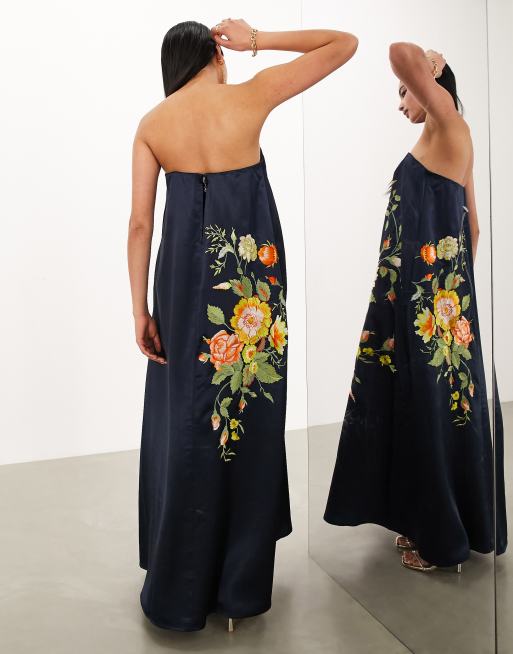 ASOS EDITION embroidered floral clean bandeau maxi dress in charcoal