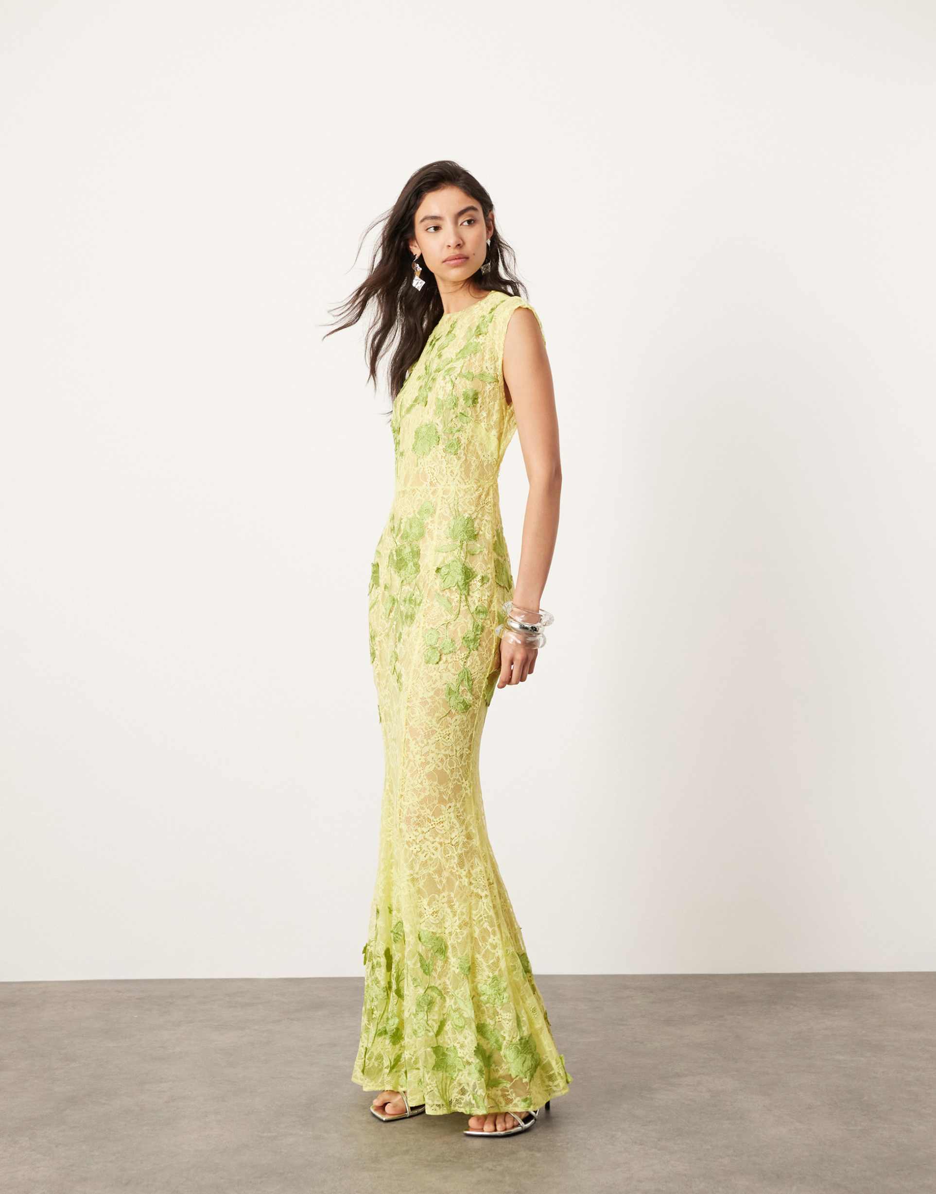 asos edition embroidered floral lace open back maxi dress in lime green