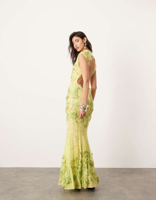 ASOS EDITION embroidered floral lace open back maxi dress in lime green