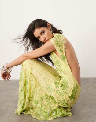 ASOS EDITION embroidered floral lace open back maxi dress in lime green |  ASOS