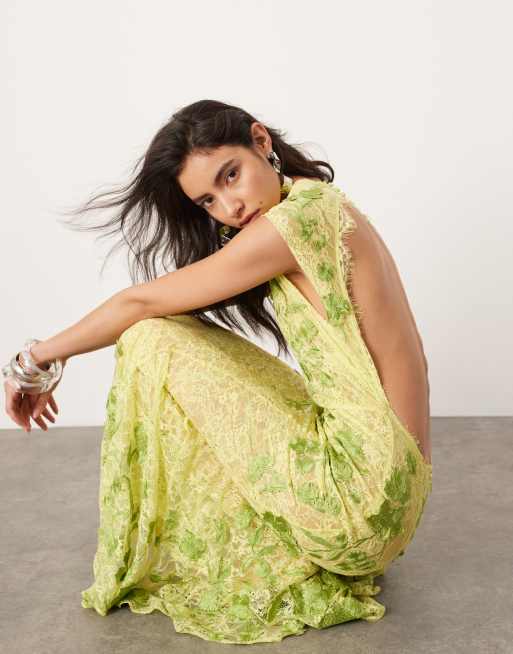 ASOS EDITION embroidered floral lace open back maxi dress in lime green