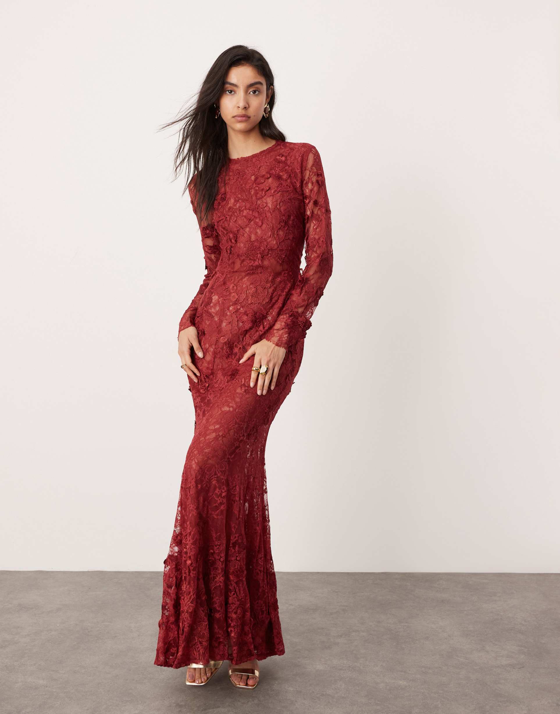 asos edition embroidered floral long sleeve lace open back maxi dress in burgundy