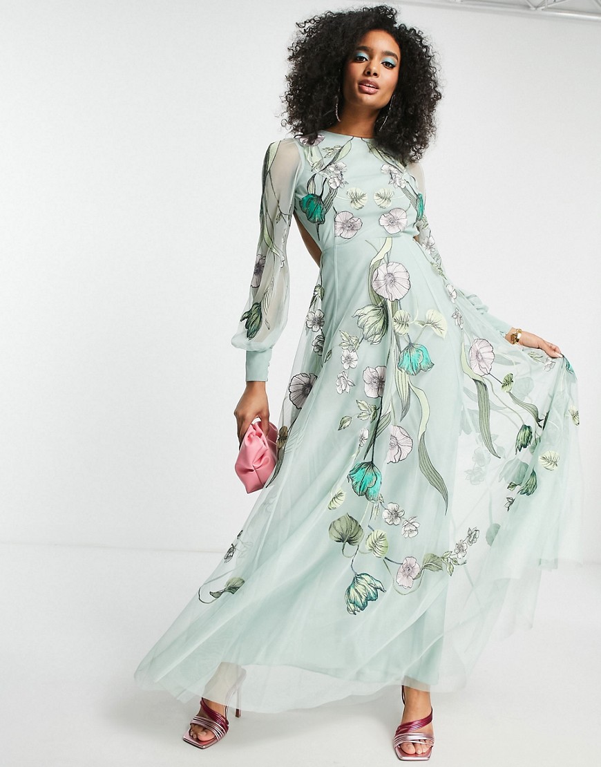ASOS EDITION embroidered floral nouveau placement maxi dress in green