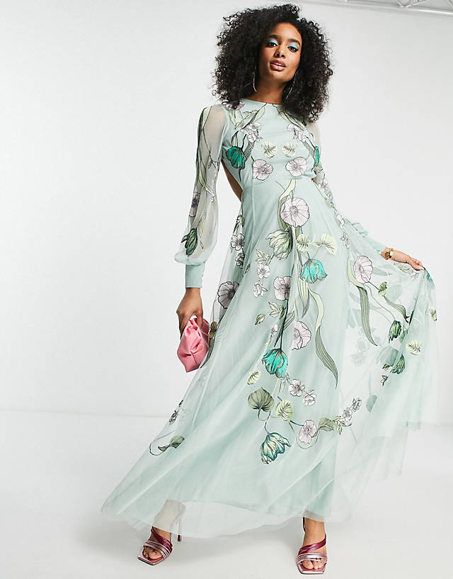 ASOS EDITION - embroidered floral nouveau placement maxi dress in green