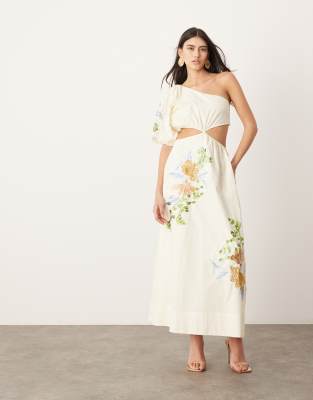 embroidered floral shoulder puff sleeve midi dress in cream-White