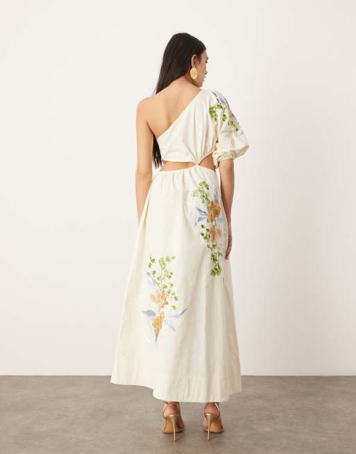 ASOS EDITION embroidered floral shoulder puff sleeve midi dress in cream