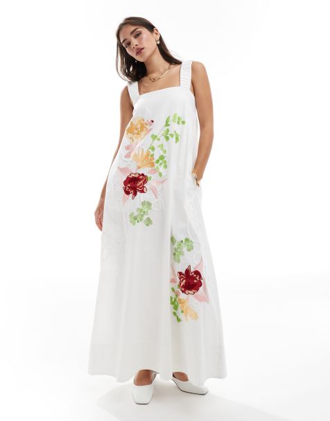 ASOS EDITION embroidered floral square neck midi dress in white - view 1