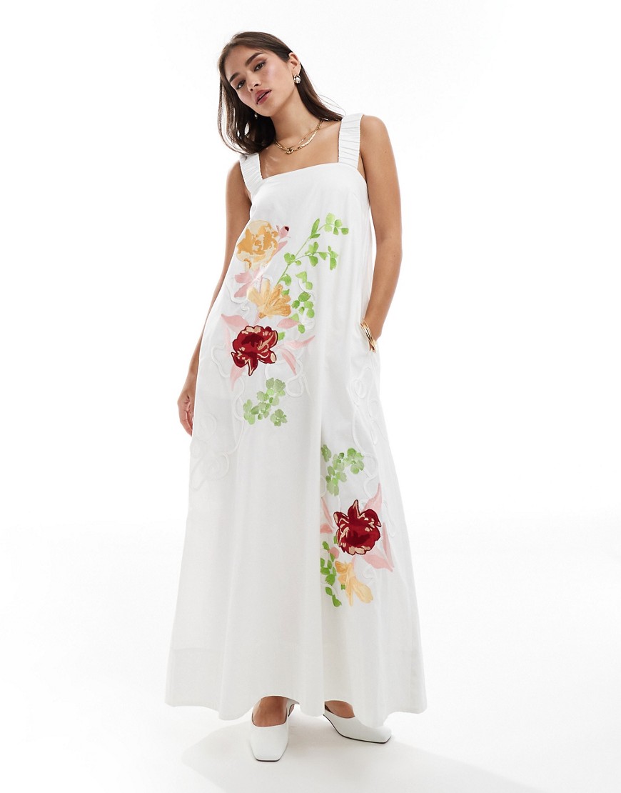 embroidered floral square neck midi dress in white