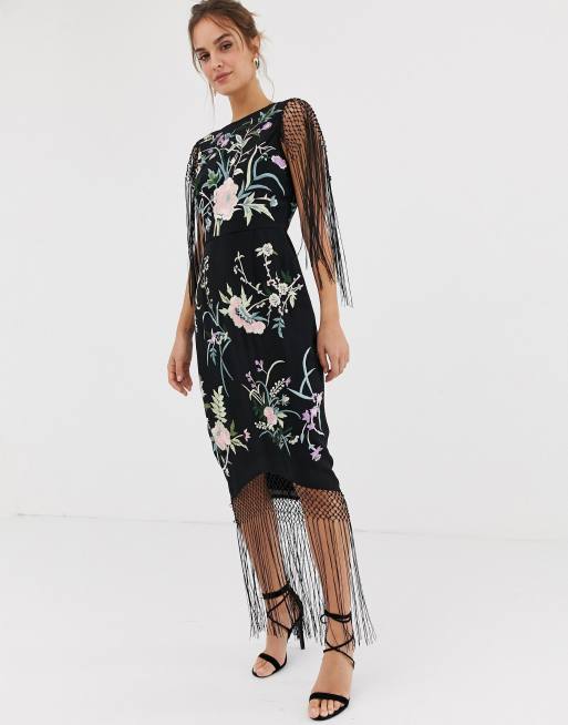 Asos edition embroidered 2025 midi fringe dress