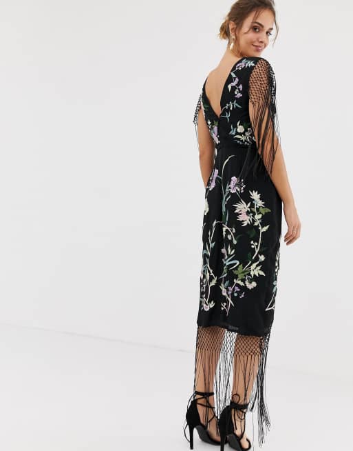 Asos edition embroidered 2025 midi fringe dress