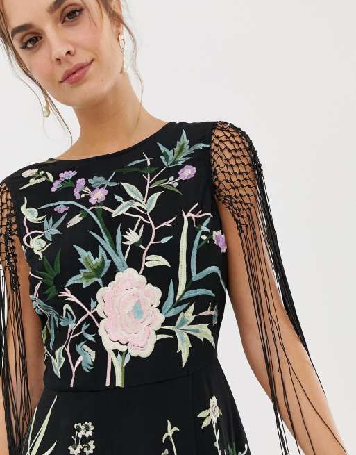 Asos edition embroidered midi fringe sale dress