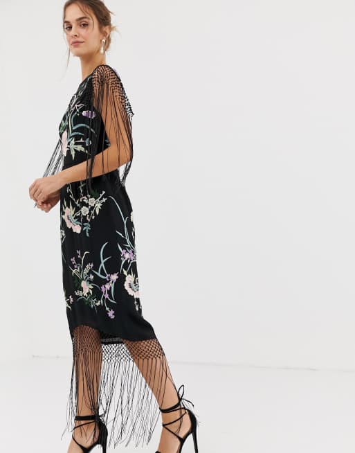 Asos edition embroidered 2025 midi fringe dress