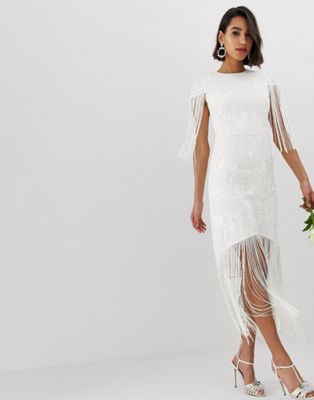 white fringe wedding dress