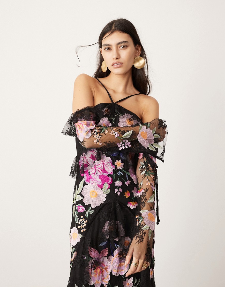 ASOS EDITION embroidered halter cold shoulder ruffle maxi dress in black