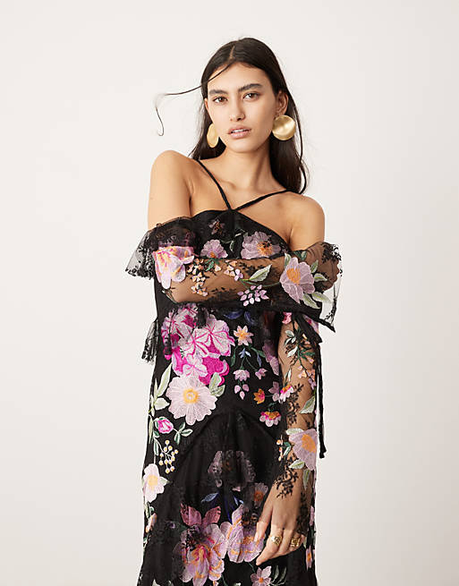 ASOS EDITION embroidered halter cold shoulder ruffle maxi dress in ...