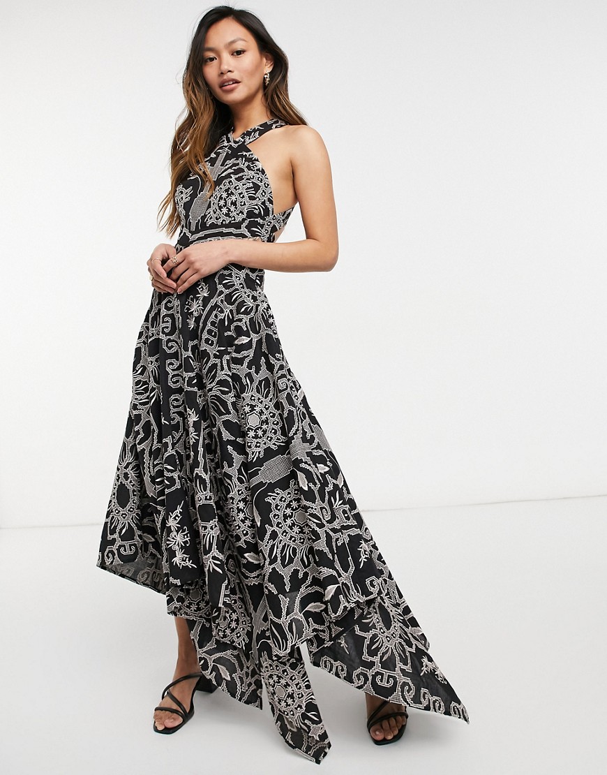Asos Design Embroidered Halter Midi Dress With Cutout Sides In Black