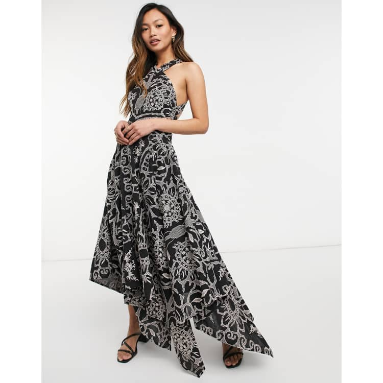 asos edition scarf print halter midi dress with cutout sides