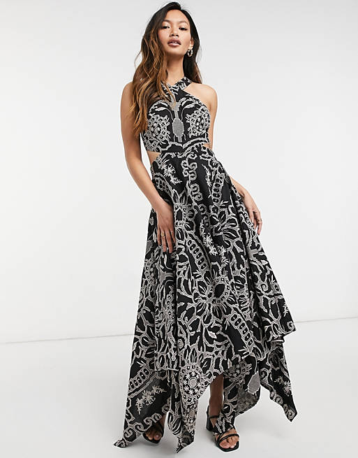  embroidered halter midi dress with cutout sides in black 