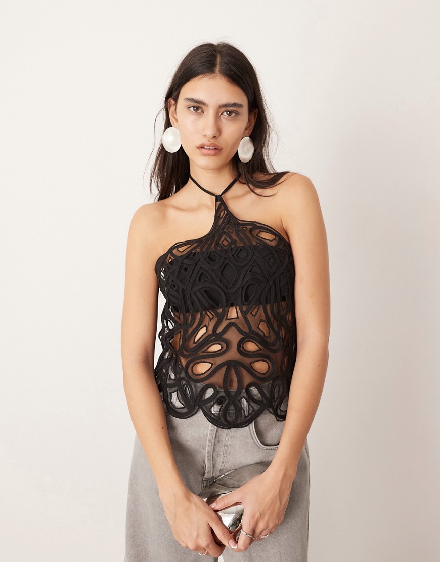 embroidered halterneck top with cut work in black
