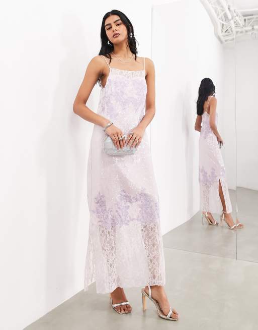 ASOS EDITION embroidered lace and sequin panelled cami column midi dress in lilac