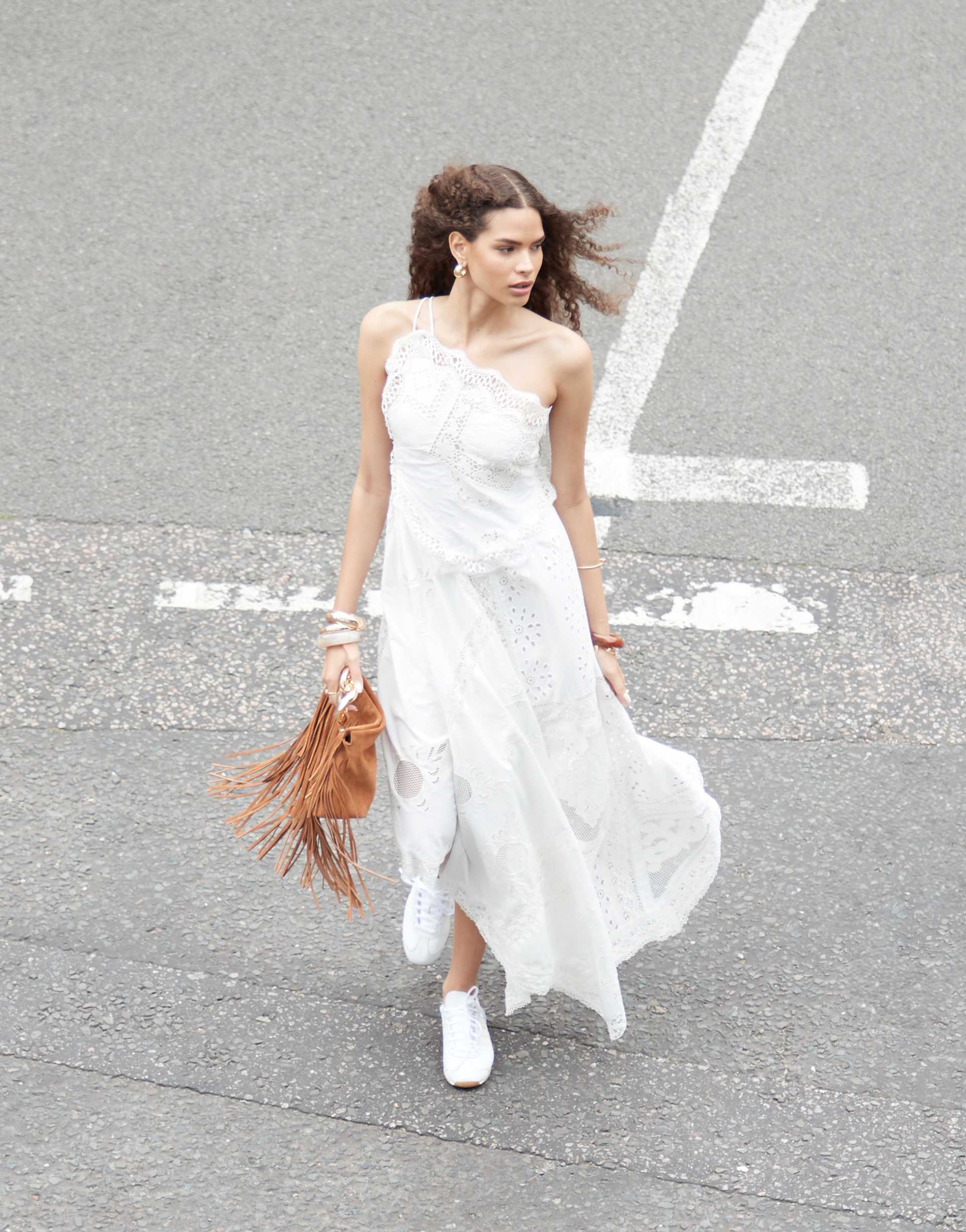 asos edition embroidered lace panel maxi dress with open back detail and asymmetric hem in white