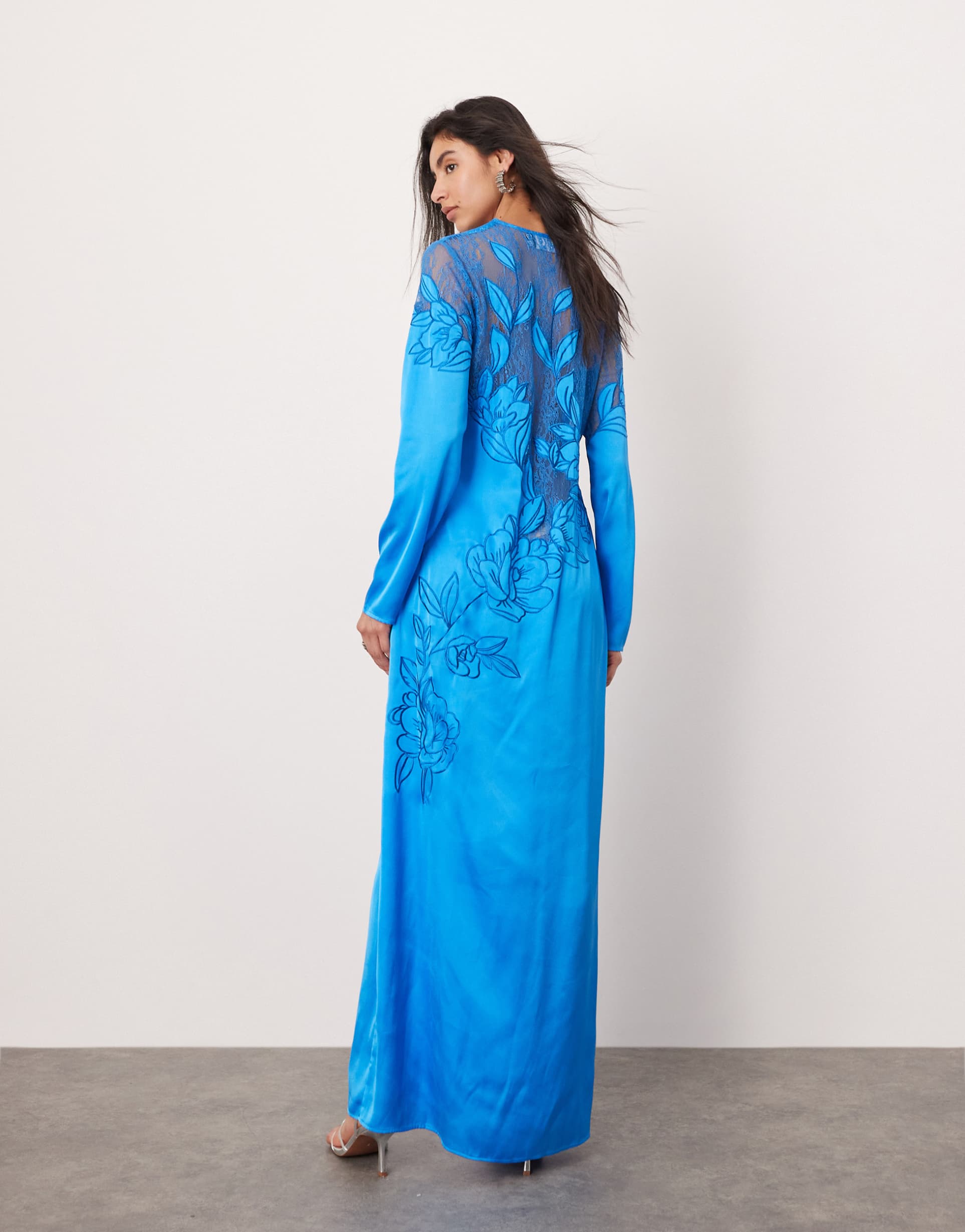 asos edition embroidered lace paneled long sleeve column maxi dress in cobalt blue