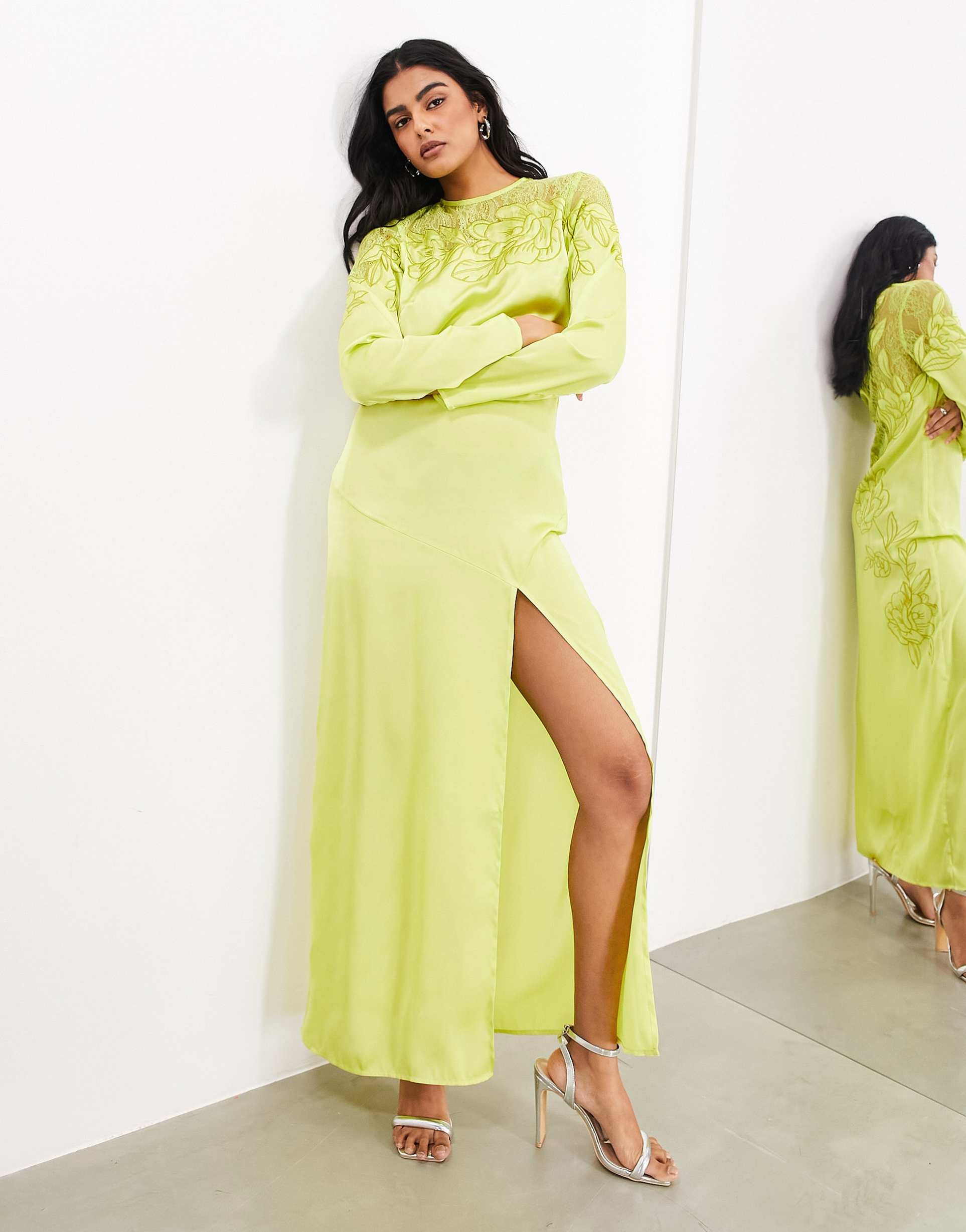 asos edition embroidered lace paneled long sleeve column maxi dress in lime