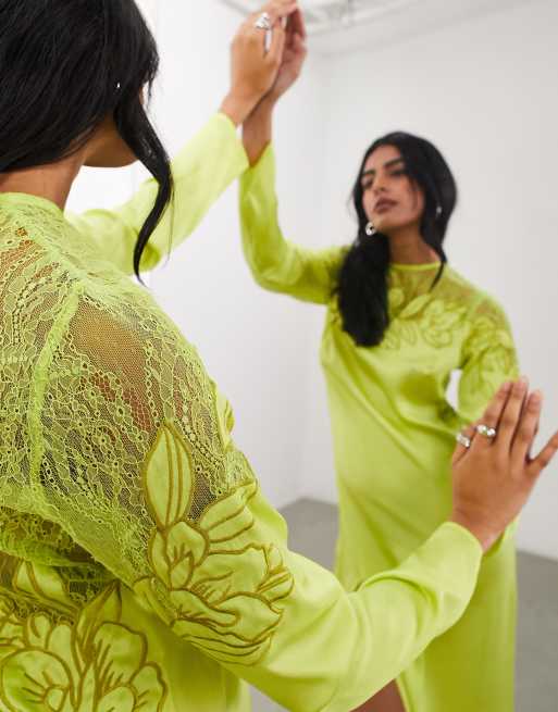 ASOS EDITION embroidered lace panelled long sleeve column maxi dress in lime ASOS