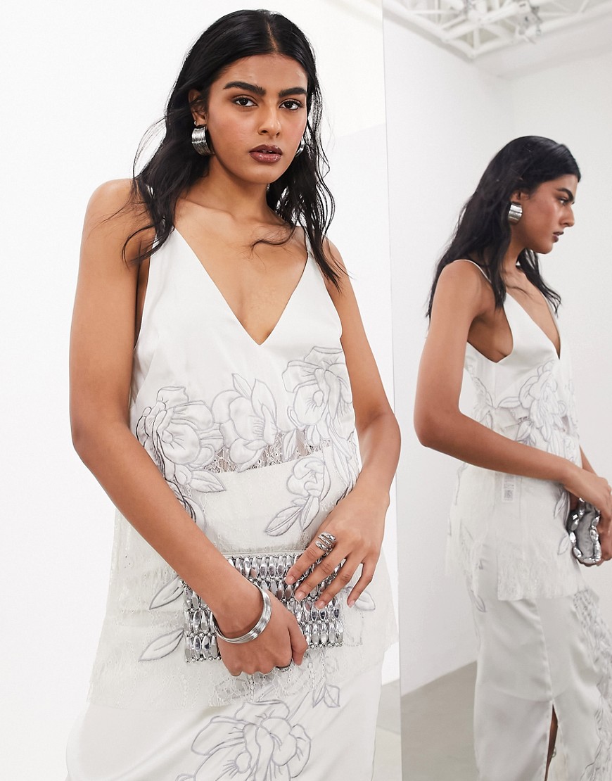 ASOS EDITION embroidered lace panelled longline cami top co-ord in silver-Grey