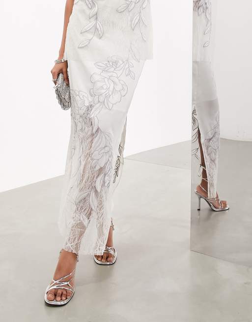 ASOS EDITION embroidered lace panelled maxi skirt co ord in silver ASOS