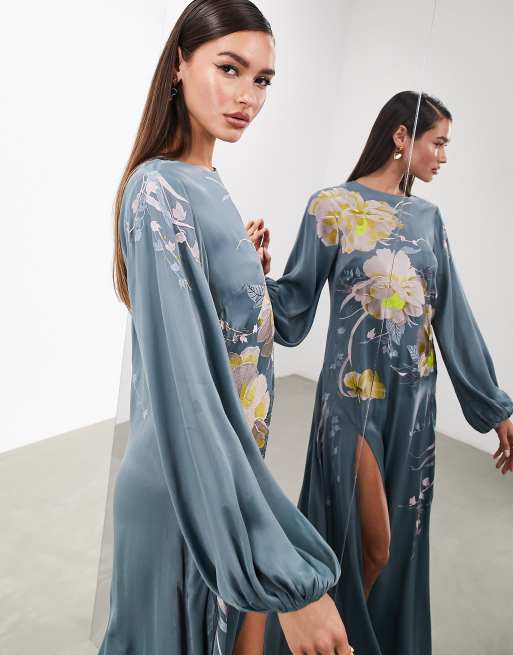 ASOS EDITION embroidered long sleeve maxi dress with flowers in gray blue