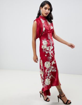 red embroidered maxi dress