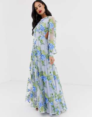 asos edition embroidered maxi with blouson sleeve & open back