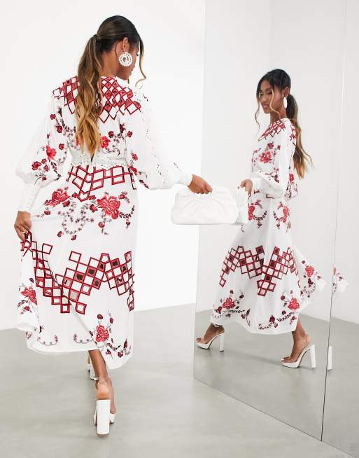 White and red embroidered sales dress