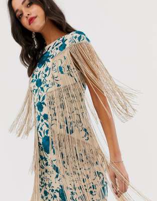 asos edition embroidered midi fringe dress