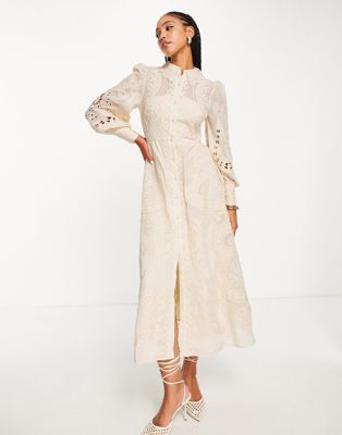 ASOS EDITION embroidered midi shirt dress in cream