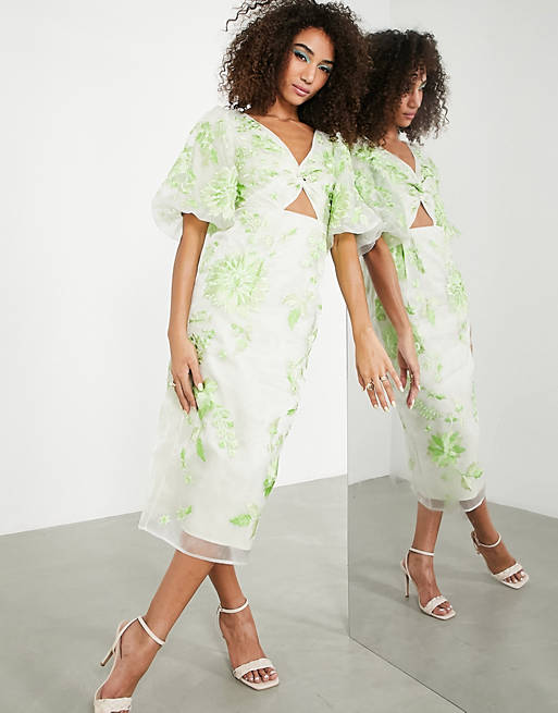 Women embroidered organza midi dress with puff sleeves in washed lime 