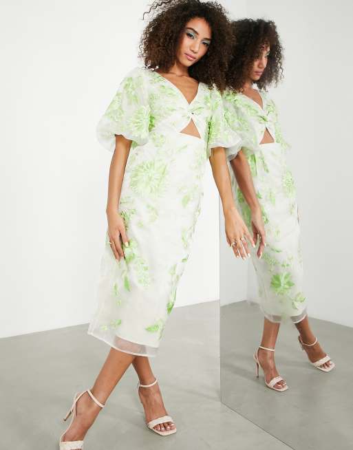 Asos Edition Embroidered Organza Midi Dress With Puff Sleeves In Washed Lime Asos 6922