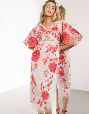 ASOS EDITION embroidered organza midi dress with puff sleeves-Multi