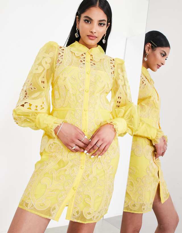 ASOS EDITION - embroidered organza mini shirt dress in yellow