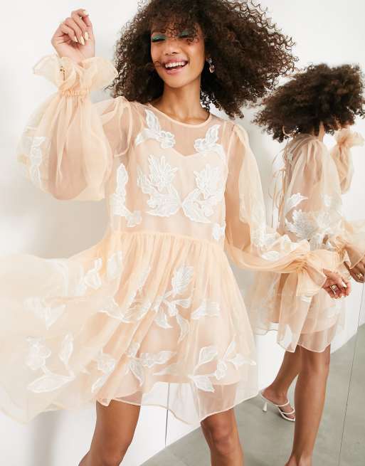 ASOS EDITION embroidered organza mini smock dress in pink