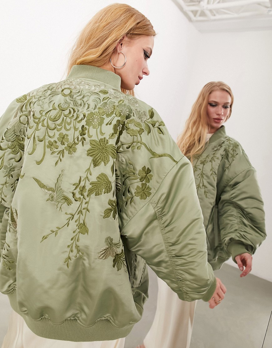 ASOS EDITION embroidered oversized bomber jacket in sage green