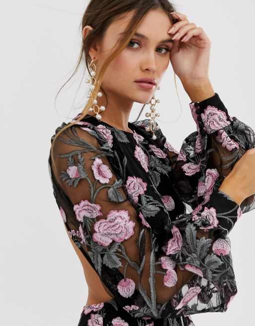 ASOS EDITION blouson sleeve floral embroidered maxi dress with open back in  light pink