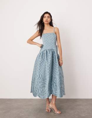 Asos Design Embroidered Quilted Drop Waist Cami Midi Dress In Slate Blue